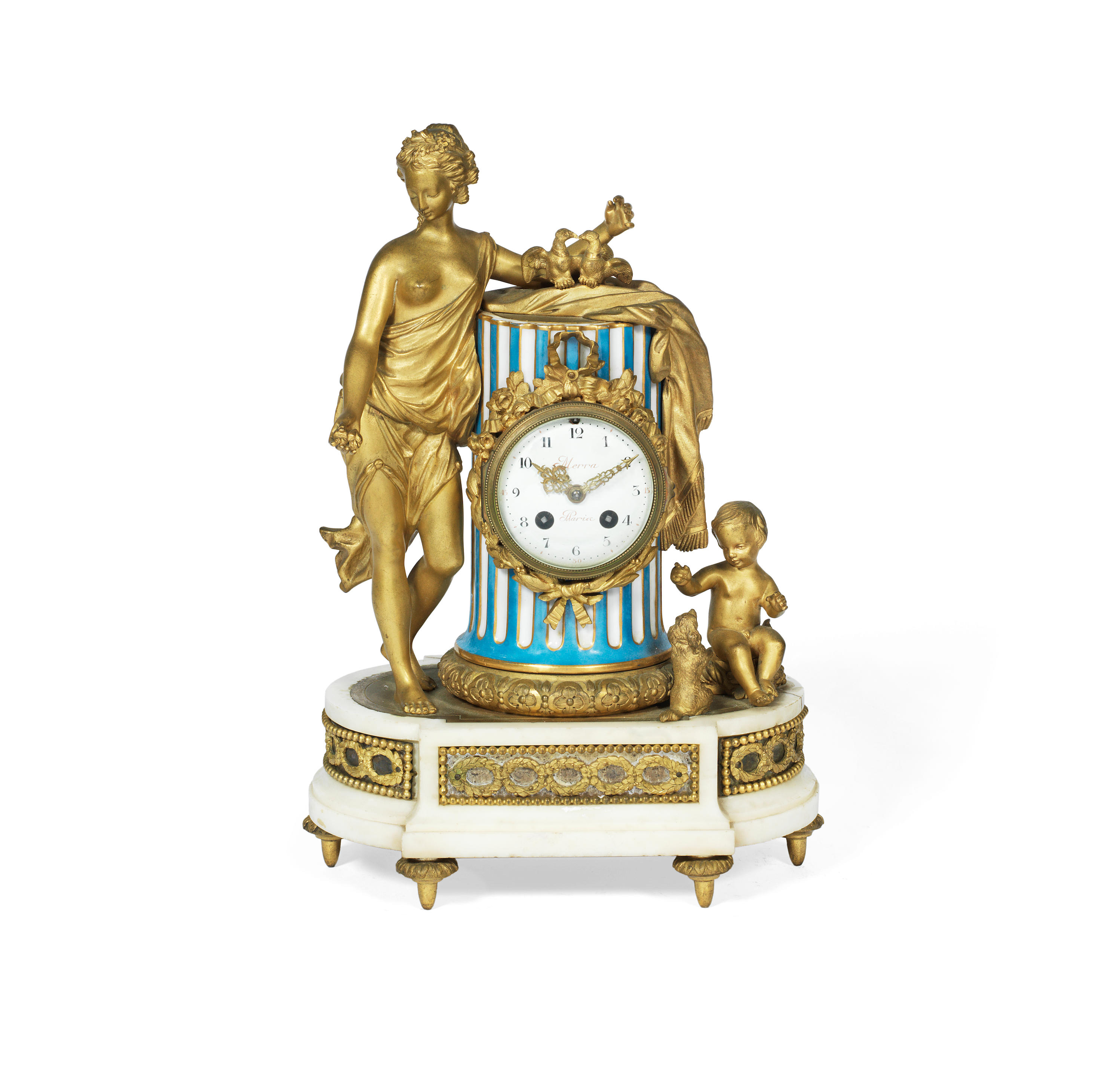A 19th century French gilt bronze, white marble and porcelain figural...