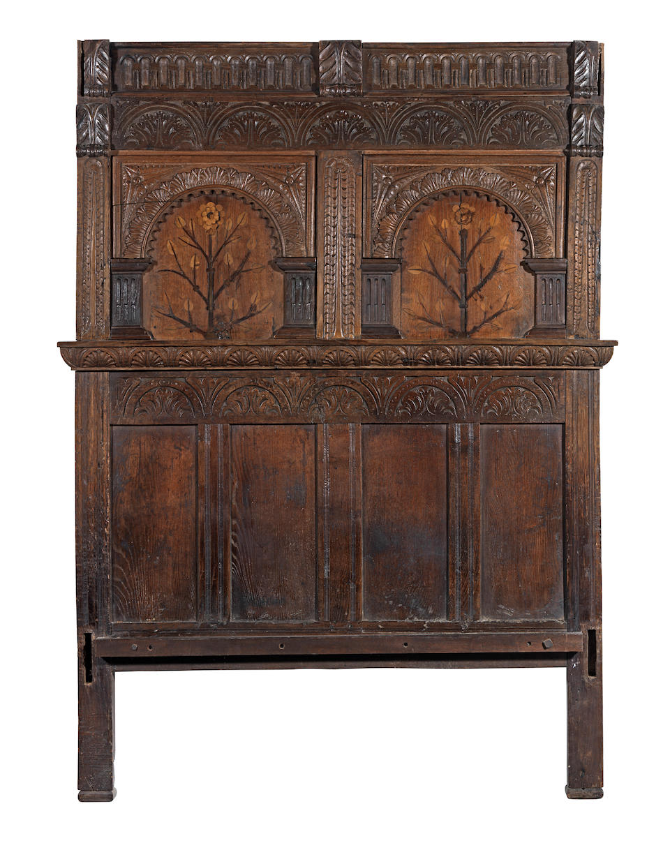 A James I joined oak and marquetry tester bed, possibly Suffolk and the surrounding area, circa 1620 and later