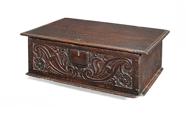 A Charles II boarded oak box, Devon, circa 1670 In the manner of the documented joiners William Searle & Thomas Dennis