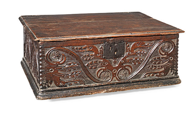 A large Charles I oak boarded box, Devon, circa 1640