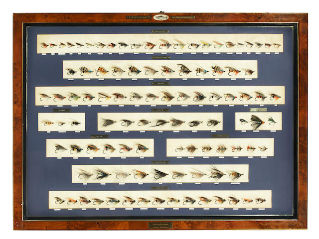 A large framed display of 100 fully-dressed Salmon flies after T.E. Pryce-Tannant and by Anthony Townsend
