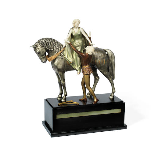 Professor Otto Poertzel (German, 1876-1963) for the Preiss Kassler Foundry 'Medieval Group (or 'Tom The Poet'): A Cold-Painted Bronze and Ivory Figural Group, circa 1925