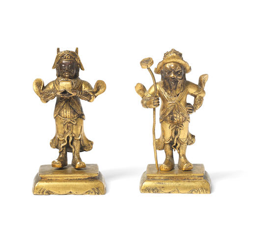 A pair of gilt-bronze figures of Zhou Cang and Guan Ping 18th century (2)
