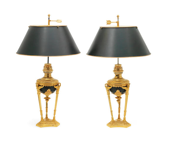 A pair of French 19th century gilt bronze oil lamps adapted to lamp bases (2)