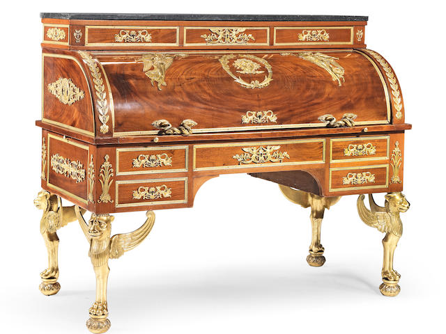 A French late 19th/ early 20th century mahogany and gilt bronze mounted bureau &#224; cylindre In the Empire style