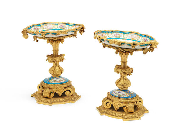 A pair of second half 19th century gilt bronze and S&#232;vres porcelain tazze (2)