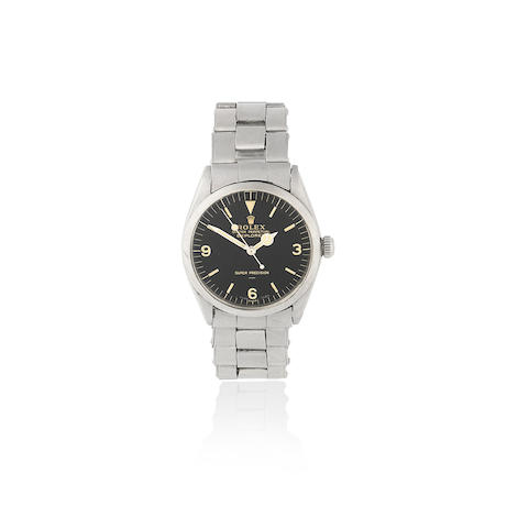 Rolex. A stainless steel automatic bracelet watch with gloss underline double -T 25 dial and original receipt  Explorer, Ref: 5500, Sold 11th June 1966