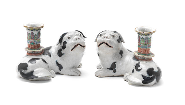 A pair of Chinese Export porcelain 'pug dog' candle holders  19th century (2)