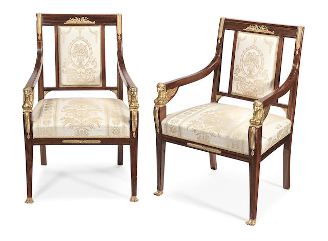 A pair of French late 19th century mahogany and gilt metal mounted fauteuils In the Empire style (4)