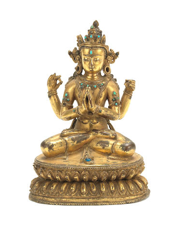 A gilt copper-alloy figure of Avalokiteshvara Chaturbhuja Tibet, 15th/16th century