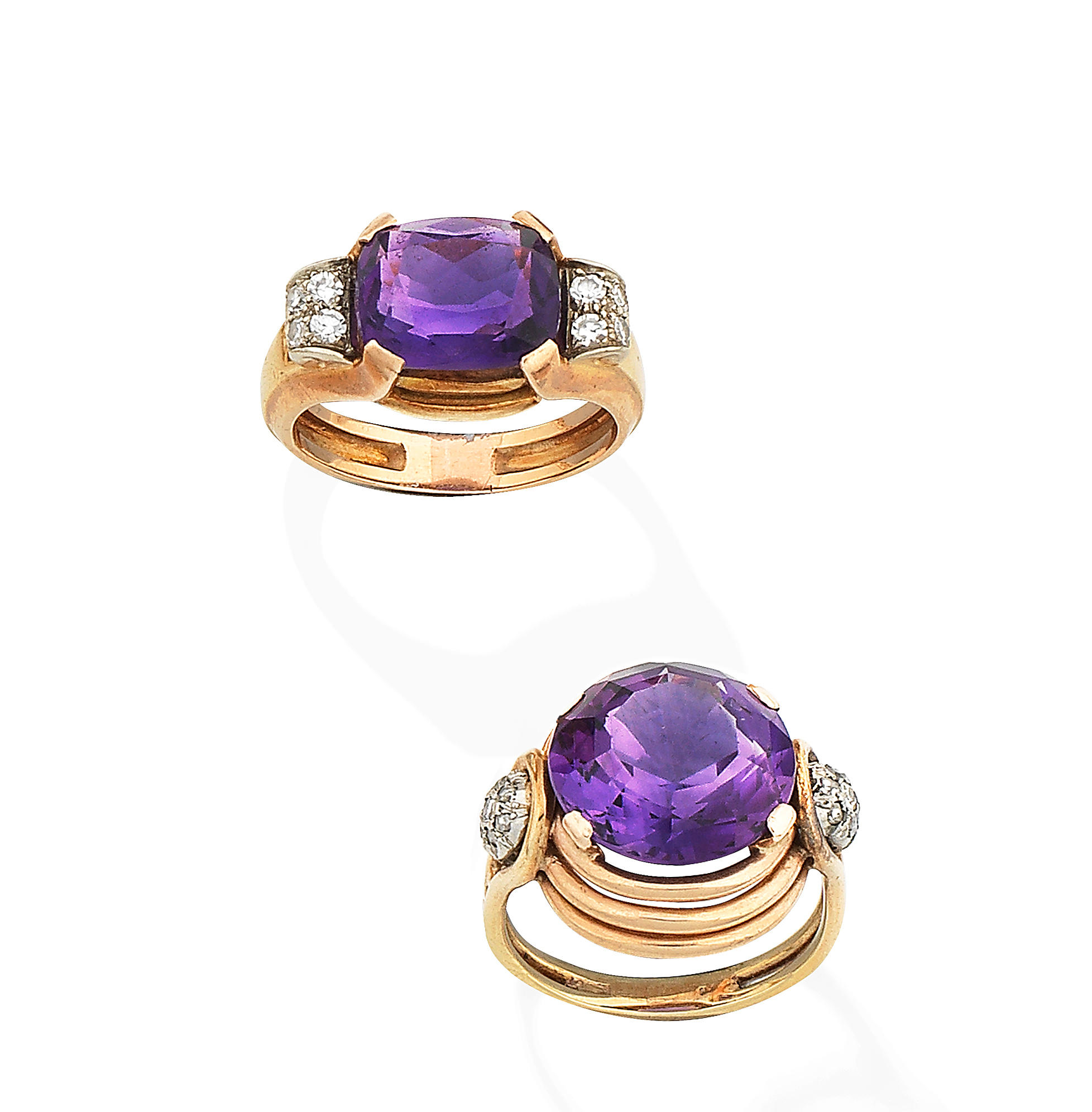 Two amethyst and diamond dress rings,