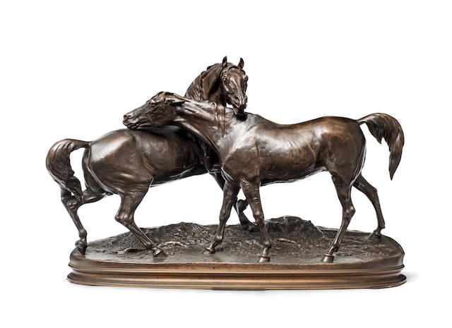 Pierre-Jules M&#234;ne (French, 1810-1879) Accolade No. 2 (The Embrace No. 2) A bronze group of two horses