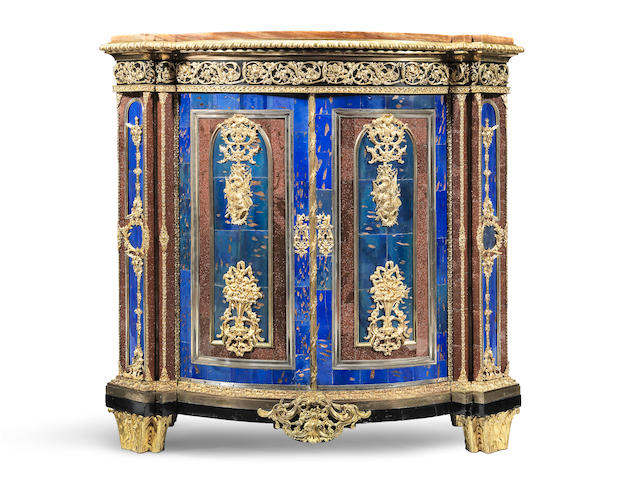 A French 19th century gilt bronze, silvered metal, aventurine glass and blue coloured glass mounted ebony and ebonised bowfront commode a vantaux probably made for the Ottoman and/or Russian market