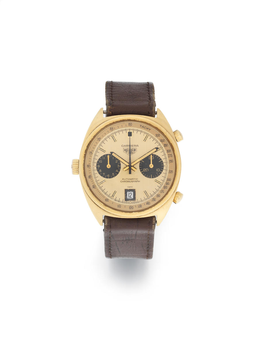 Heuer. A fine and rare 18K gold automatic calendar chronograph wristwatch presented to Mike Hailwood,