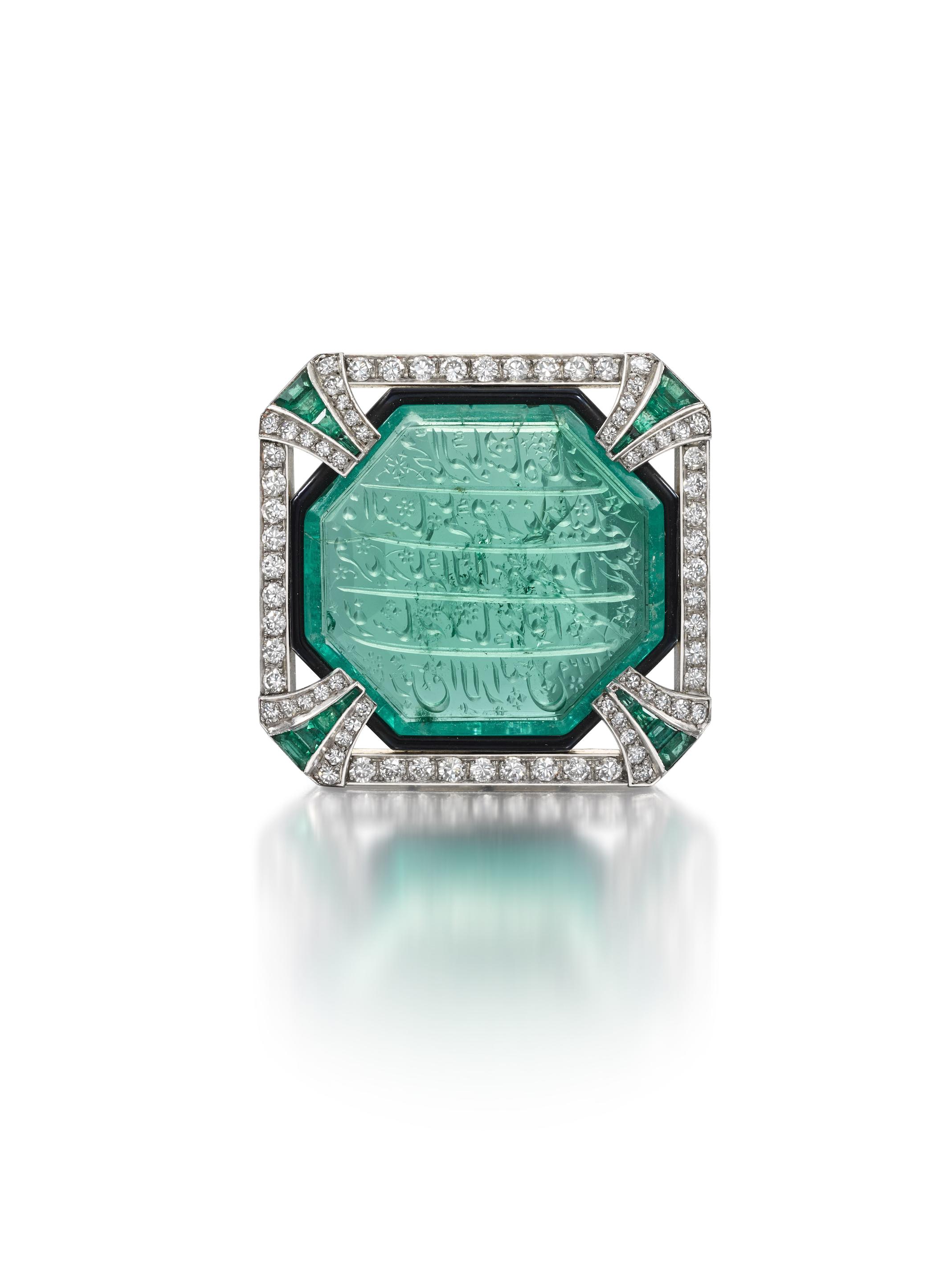 An Art Deco emerald, diamond and enamel brooch, by Hennell, circa 1925,