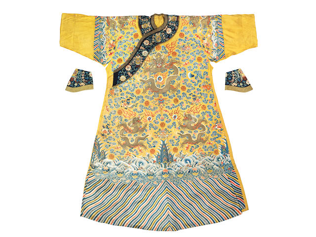 A rare Imperial yellow silk embroidered 'five symbols' unmade robe and trimmings 19th century (4)