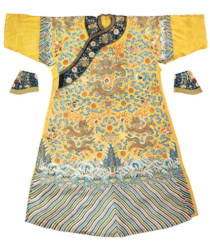 A rare Imperial yellow silk embroidered 'five symbols' unmade robe and trimmings 19th century (4)