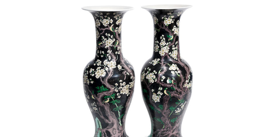 A large pair of famille noire baluster vases, yenyen  Late Qing Dynasty (2)