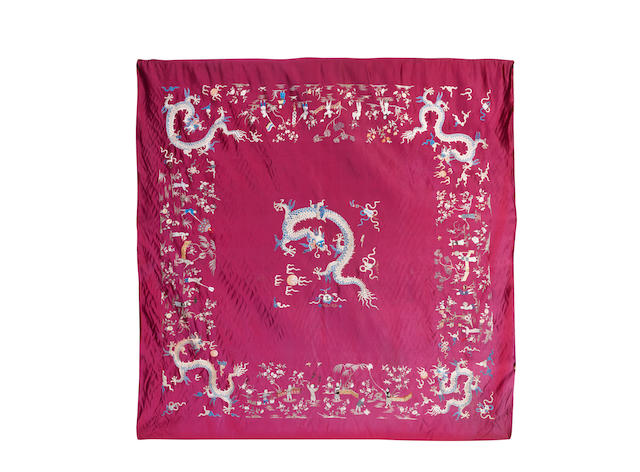 Bonhams : A purple silk embroidered coverlet 19th century