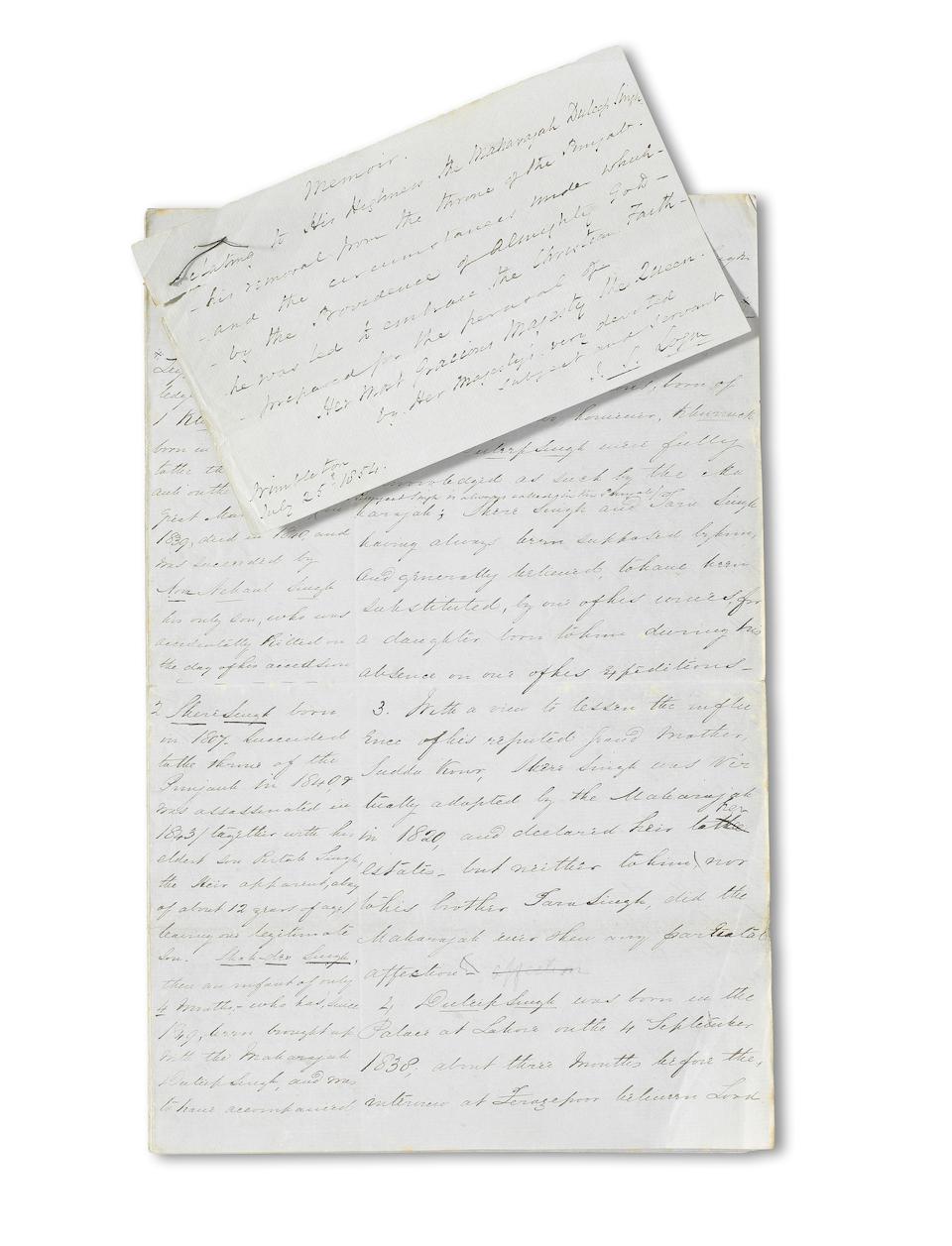A collection of seven documents relating to Maharajah Duleep Singh, written by his guardian, Dr John Login, as a record of events, of the details of the treaties with the Sikh nation, the financial settlements of the Maharajah's affairs, and his conversion to Christianity England, the earliest dated July 1854, the latest shortly after January 1860(7)