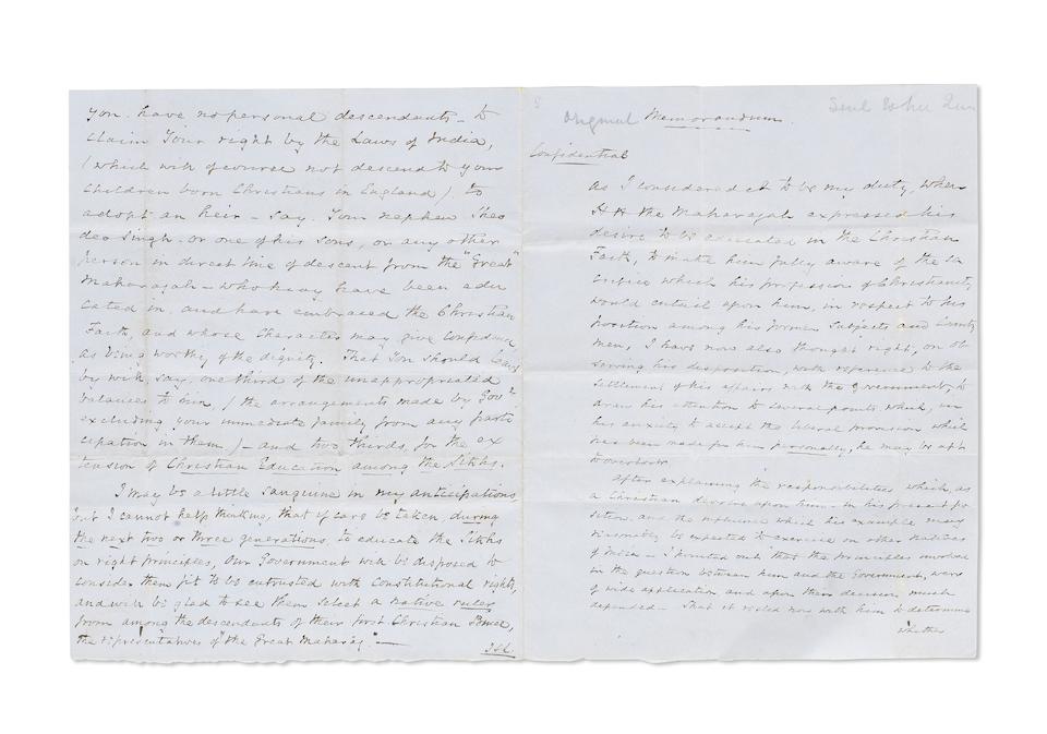 A collection of seven documents relating to Maharajah Duleep Singh, written by his guardian, Dr John Login, as a record of events, of the details of the treaties with the Sikh nation, the financial settlements of the Maharajah's affairs, and his conversion to Christianity England, the earliest dated July 1854, the latest shortly after January 1860(7)