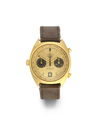 Heuer. A fine and rare 18K gold automatic calendar chronograph wristwatch presented to Mike Hailwood, image 3