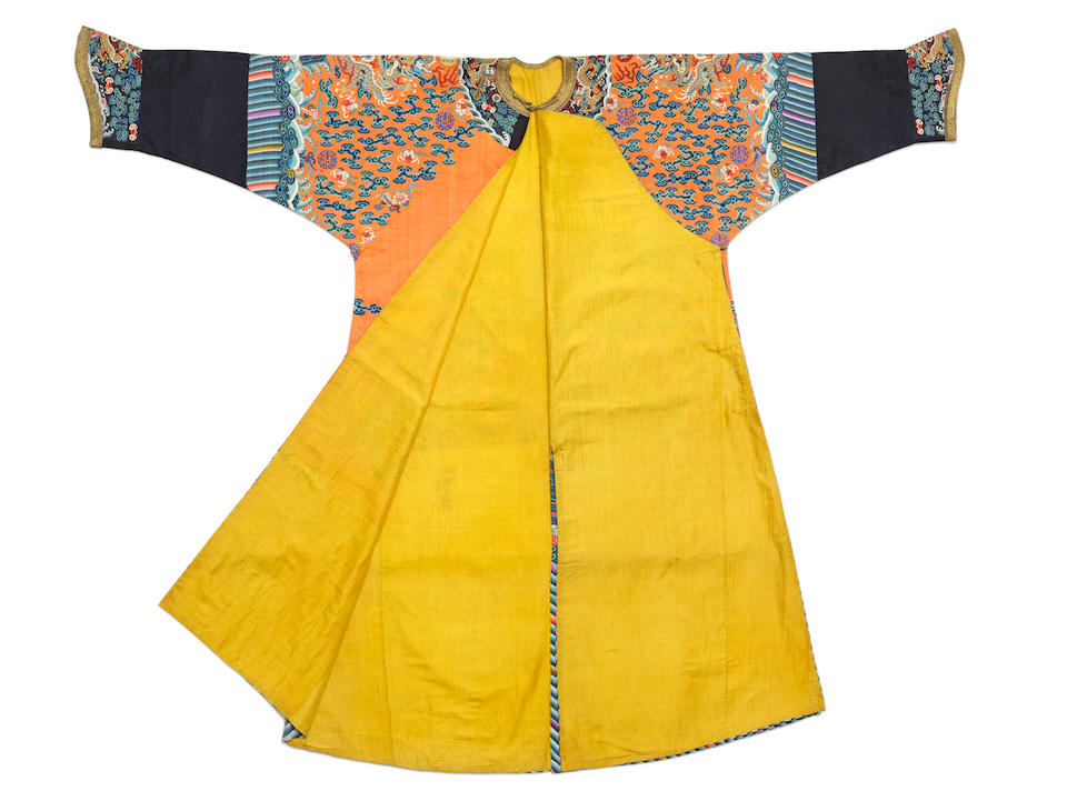 Bonhams : An exceedingly rare Imperial kesi orange-ground twelve-symbol ...
