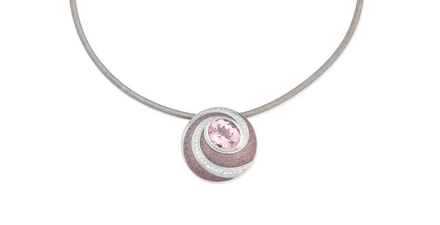 An enamel, pink tourmaline and diamond brooch/pendant, by Henn of London,