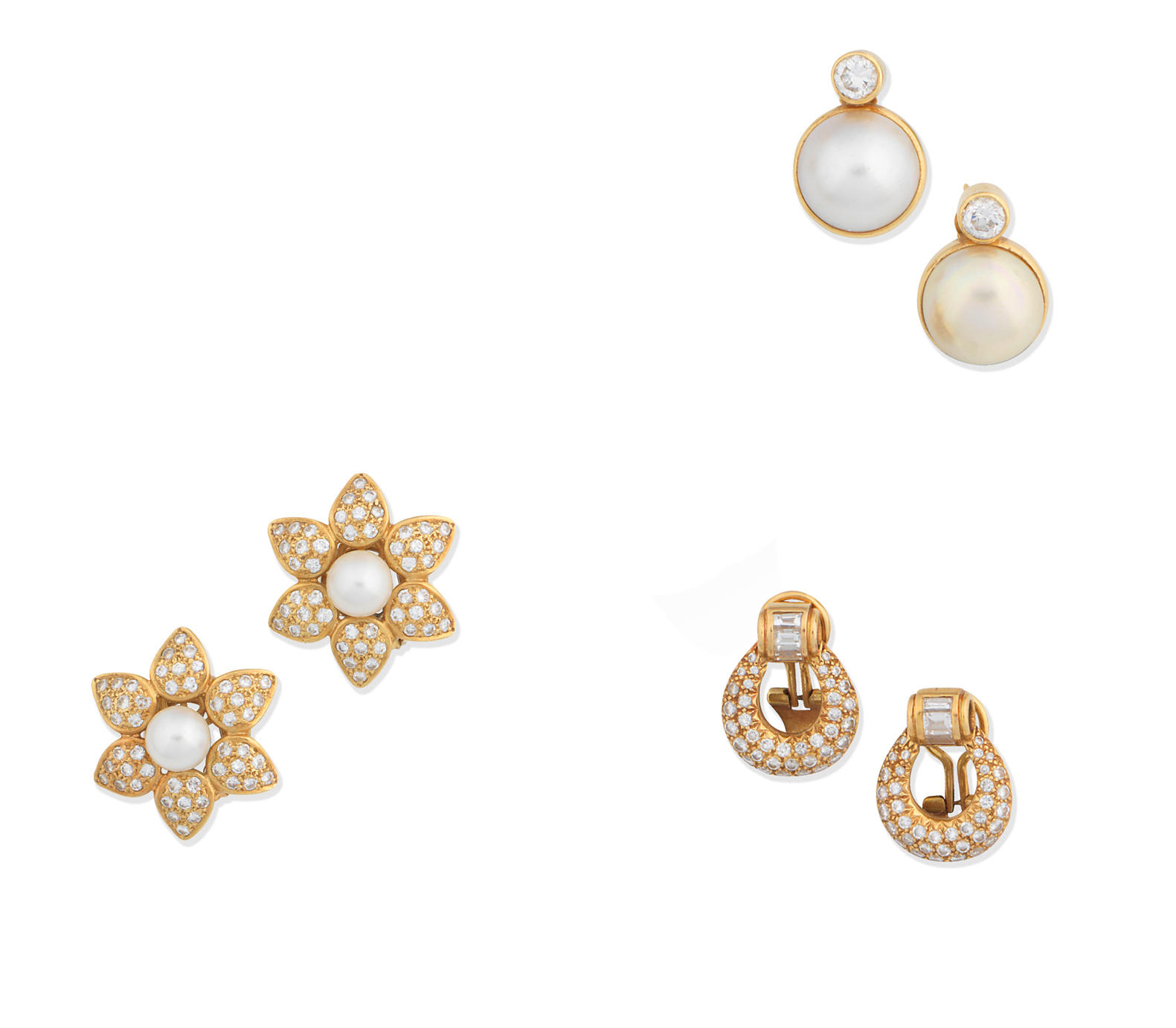A pair of diamond earrings, a pair of cultured pearl and diamond earrings...
