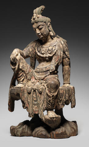 A very rare carved wood figure of Guanyin  Northern Song/Jin Dynasty