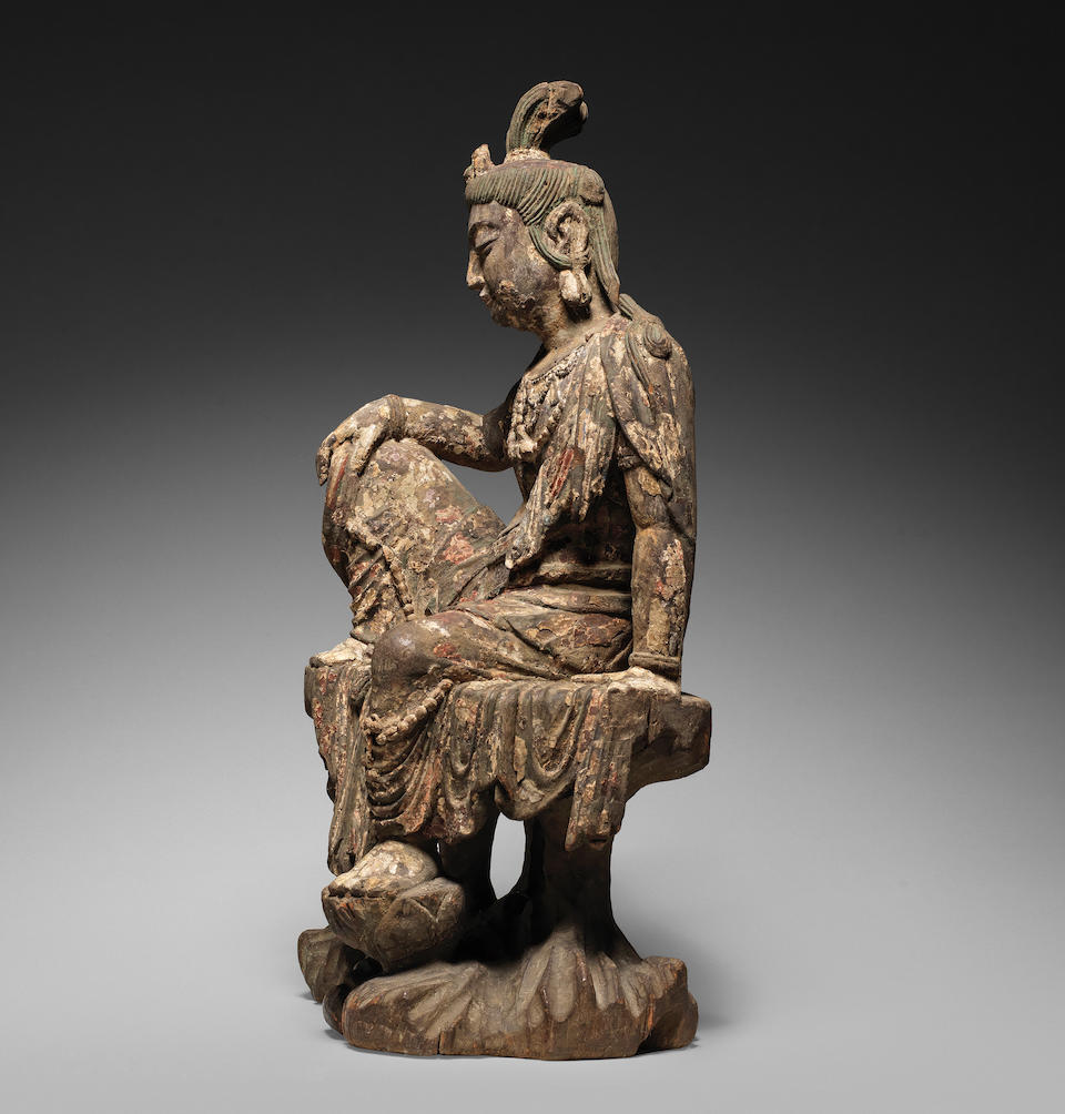 A very rare carved wood figure of Guanyin  Northern Song/Jin Dynasty