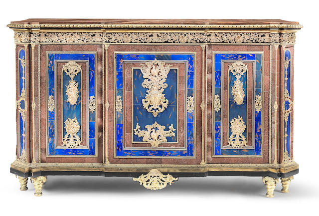 A French mid-19th century ormolu, silvered metal, aventurine glass and blue coloured glass mounted ebony and ebonised breakfront meuble d'appui probably made for the Ottoman or Russian market