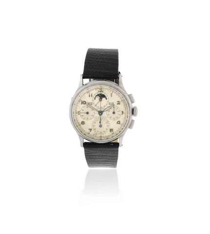 Universal Gen&#232;ve. A stainless steel manual wind triple calendar chronograph wristwatch with moon phase  Tri-Compax, Ref: 22279, Circa 1950