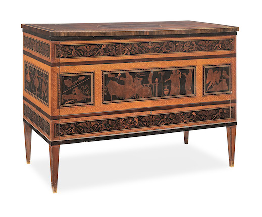 A pair of Italian early 19th century rosewood, ebony, purplewood, sycamore marquetry and chequer-inlaid commodes all'antica by Karl Amadeus Roos (1775-1837)  (2) image 1
