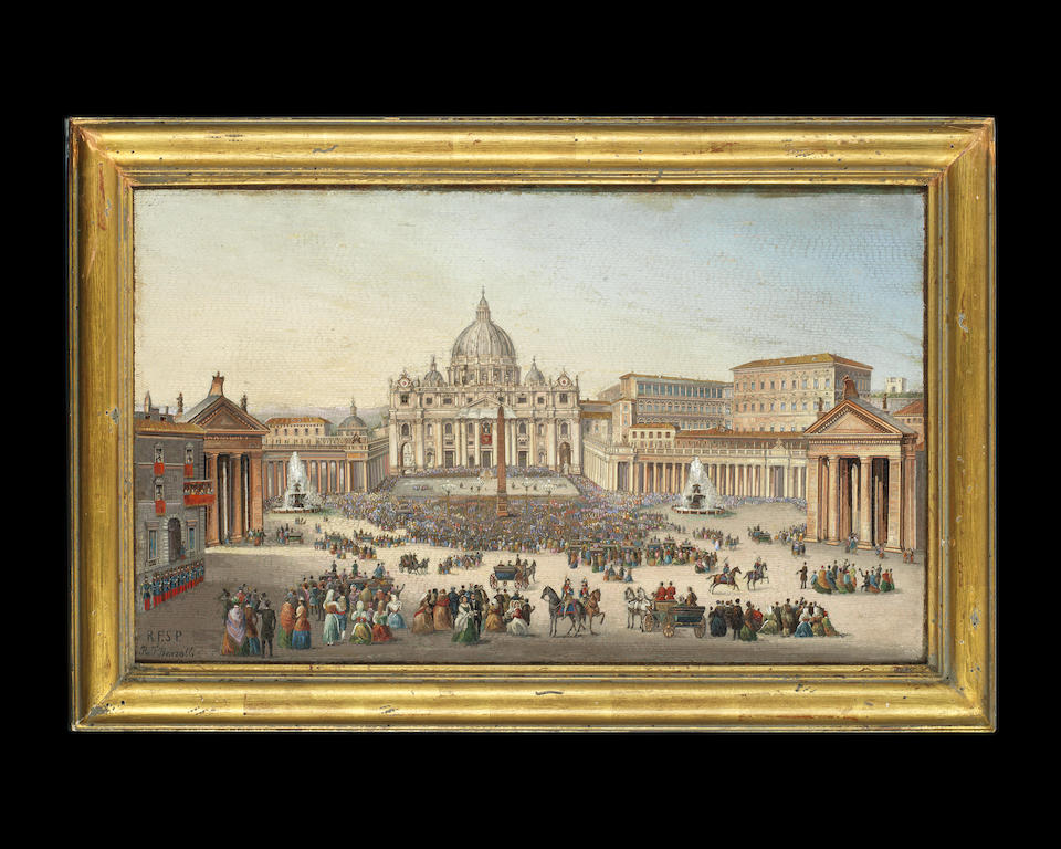 Biagio Barzotti (Italian, fl. second half 19th century): A third quarter 19th century Vatican Workshop micromosaic panel depicting a topographical view of St Peter's Square,