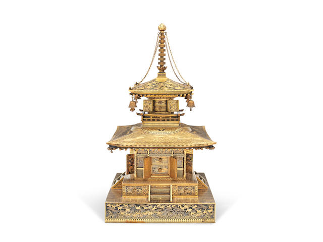 An inlaid iron cabinet modelled as a shrine   Attributed to the Komai Company of Kyoto, Meiji era (1868-1912), late 19th/early 20th century
