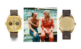 Thumbnail of Heuer. A fine and rare 18K gold automatic calendar chronograph wristwatch presented to Mike Hailwood, image 1