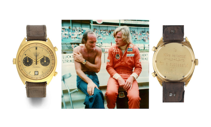 Heuer. A fine and rare 18K gold automatic calendar chronograph wristwatch presented to Mike Hailwood, image 1