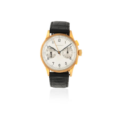 Longines. An 18K gold manual wind chronograph wristwatch Ref: 125, Circa 1950