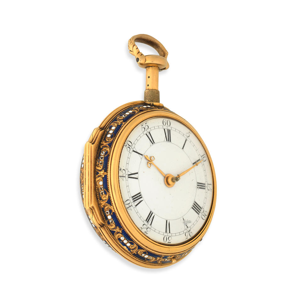 Mudge and Dutton with enamel by Moser. A fine gold quarter repeating cylinder pair case pocket watch with later Shagreen and glass display case by John Paul Cooper Circa 1770