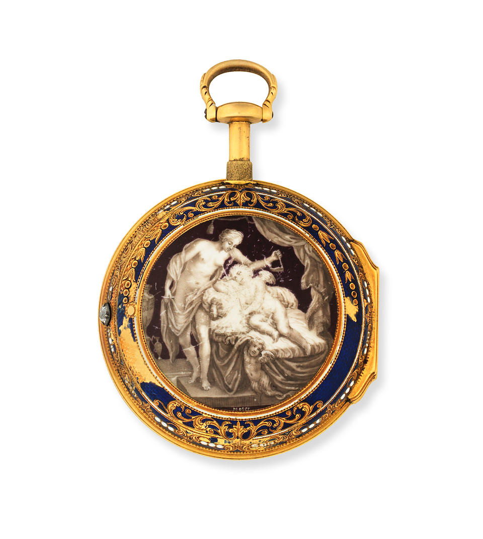 Mudge and Dutton with enamel by Moser. A fine gold quarter repeating cylinder pair case pocket watch with later Shagreen and glass display case by John Paul Cooper Circa 1770