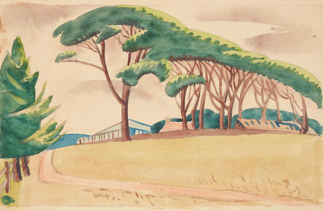 Dorrit Black (1891-1951) Study for linocut 'The Windswept Farm', c.1937