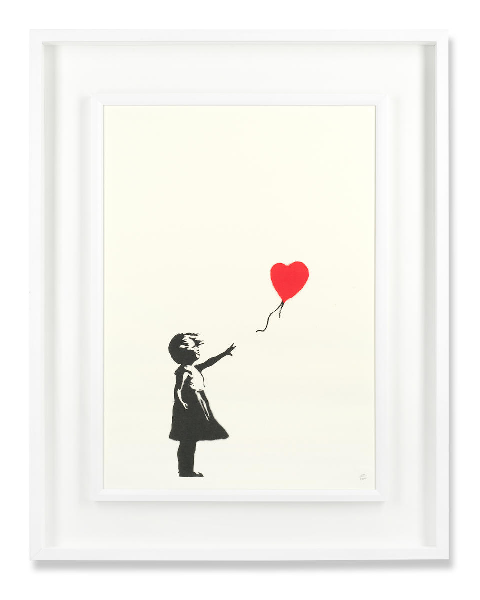 Banksy (British, b. 1975) Girl with Balloon Screenprint in black and red, 2004, on wove, numbered 409/600 in pencil, published by Pictures on Walls, London, with their blindstamp, the full sheet, 700 x 500mm (27 5/8 x 19 5/8in)(SH)