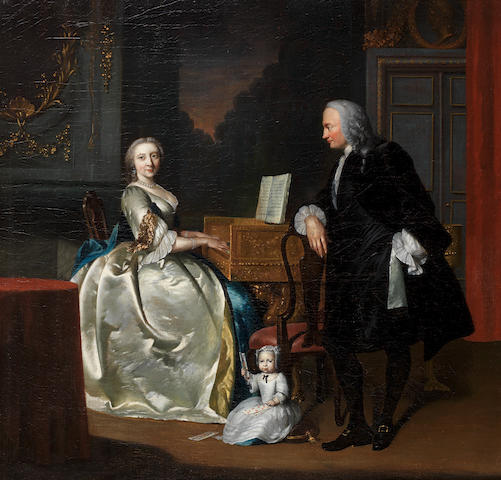 Frans van der Myn (Dusseldorf 1719-1783 London) An evening conversation piece in an opulent interior of Dr Cornelis and Mrs Henriette Hageman and their son Johan Jacob, she playing a giltwood single-manual harpsichord, he leaning on a chair and the child sitting on a cushion holding playing cards