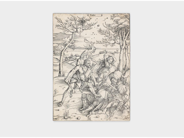 Albrecht D&#252;rer (1471-1528) Hercules killing Cacus (conquering the Molionide Twins) Woodcut, circa 1496, on laid paper, with watermark Low Crown with Triangle (M.24, Briquet 4773), a very good  Meder b impression of the first state (of three), trimmed to or on the borderline, laid down onto a backing sheet, in good condition, framedSheet 390 x 282mm. (15 3/8 x 11 x 1/8in.)
