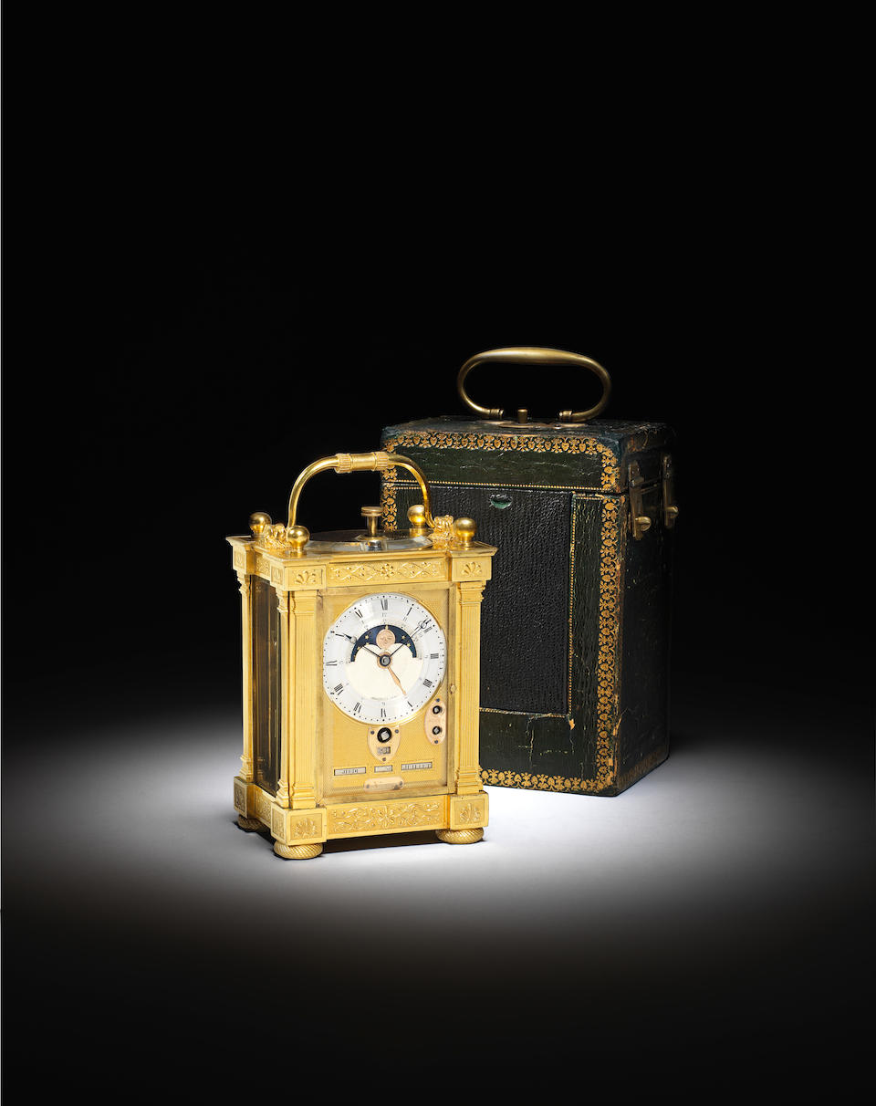 The second Carriage Clock ever made. The Francois de Bourbon, King of Naples Breguet. An exceptionally fine and rare ormolu, quarter repeating astronomical carriage clock timepiece with full annual calendar, moonphase and alarm. With certificate number 2889. Breguet et Fils, No. 179