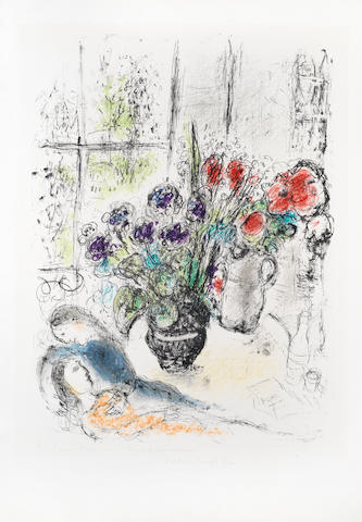 Marc Chagall (Russian/French, 1887-1985) Bouquet aux Amoureux Lithograph printed in colours, 1976, on Arches, inscribed 'H.C. &#201;preuve d'exposition' and 'Edition Maeght Paris' in ink, an hors commerce impression aside from the numbered edition of 50, published by Maeght, Paris, with margins, 835 x 585mm (32 7/8 x 23in)(SH)(unframed)