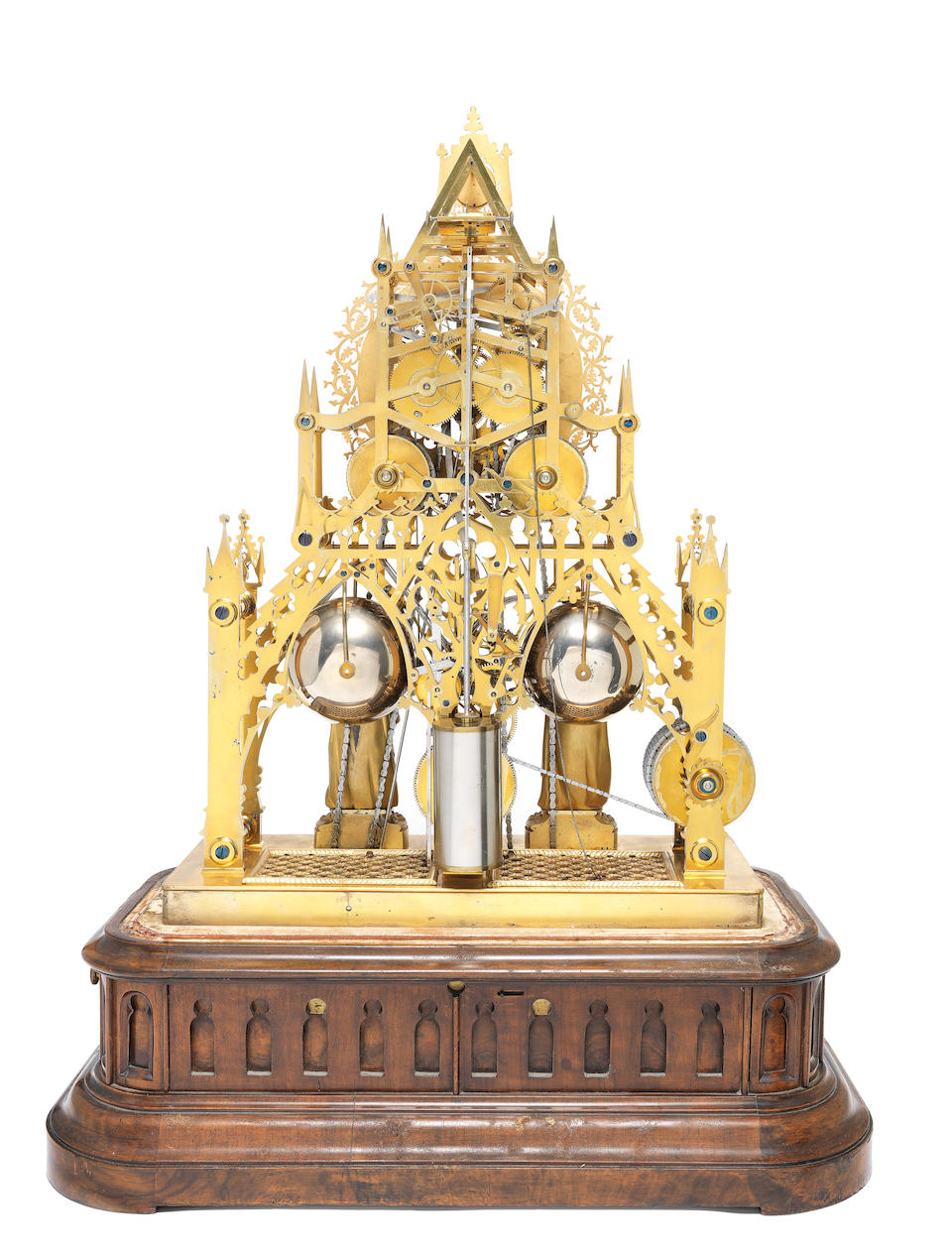 A very fine late 19th century Exhibition-quality, quarter chiming skeleton clock with special escapement, remote winding and remote hand setting, with the original glass dome and walnut base Camerer Kuss & Co, 56 New Oxford St, London