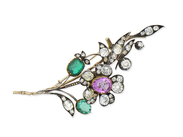 A late 19th century pink sapphire, emerald and diamond brooch