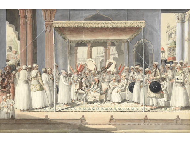 Mubarak-ud-Daula, Nawab of Murshidabad (1770-93), seated in durbar with Sir John Hadley D'Oyly, British Resident from 1780 to 1785 Murshidabad, circa 1795-1805